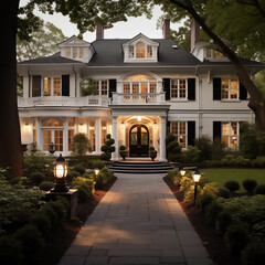 Traditional american villa. Upper class family home. Photo taken in the evening. 
