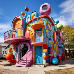 Fantastic colorful AI-generated house. Crazy artist house with bright colors and various shapes. 