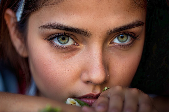 Retrato de una joven con ojos profundos y almendrados con heterocromía, cada iris contiene múltiples tonos de miel y verde, bordeados por largas pestañas oscuras
