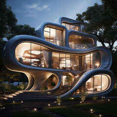 Fantastic AI-generated futuristic villa. Modern design with curved organic concrete and glass windows. Photo taken in the evening.  