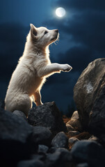 un bébé chien se prend pour un loup et hurle sous la pleine lune - obrazy, fototapety, plakaty