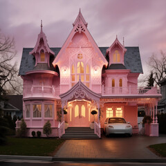 Fantastic AI-generated pink fantasy house in the evening. A castle-like house with turrets and ornaments. 