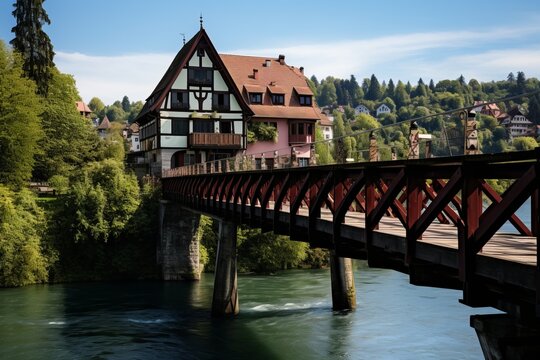 A historic old wooden bridge that leads to a half-timbered house Generative Ai
