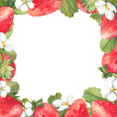 Strawberry Square watercolor Frame. Bright red berries and green leaves with flowers. Summer illustration for cards and invitations. Free space for text