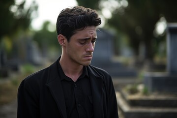 Portrait of a sad and depressed man in a black coat on the background of a cemetery.Funeral Concept