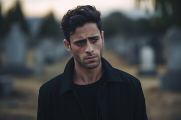 Portrait of a sad and depressed man in a black coat on the background of a cemetery.Funeral Concept