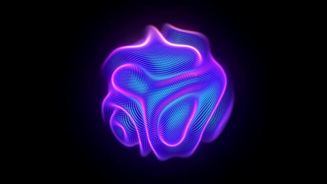 Blue glowing 3D sphere with moving waving pixelated surface on black background. Abstract visualization of soundwaves, big data or artificial intelligence. Seamless loop 4K animation of ethereal waves