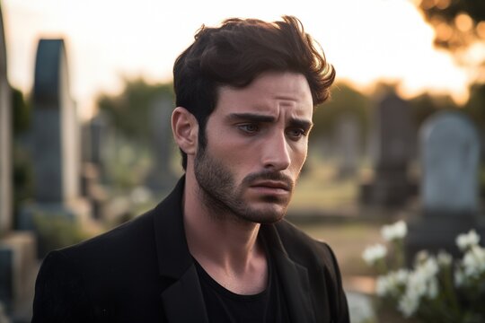 Portrait of a sad and depressed man in a black coat on the background of a cemetery.Funeral Concept