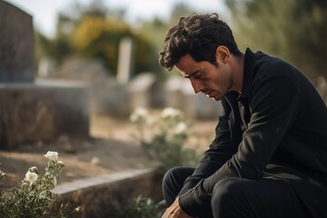 Portrait of a sad and depressed man in a black coat on the background of a cemetery.Funeral Concept