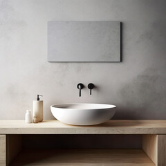 Close up of stylish white round vessel sink and black wall mounted faucet. Wooden vanity against concrete wall with copy space. Minimalist loft interior design of modern bathroom.
