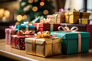 Gift or present boxes on wooden table. Composition for birthday or christmas