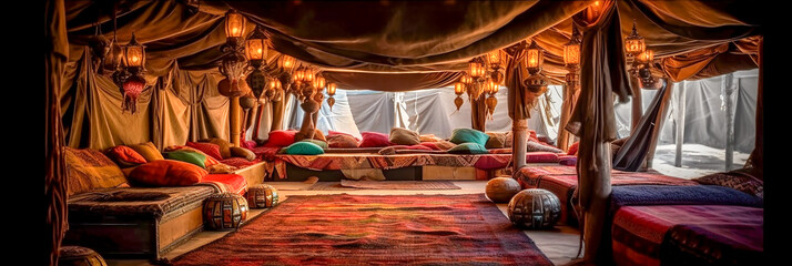 Background inside a Bedouin tent, pillows, carpets, lanterns.