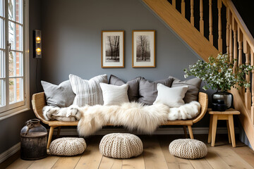 Wooden bench with pillows and fur blanket near window against grey wall. Wooden staircase....