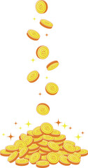 上から落ちて積みあがる＄マークのついたドルコイン