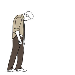 line art of a worried and disappointed man. A hopeless guy roaming around. Stages of grief. How to handles loss art.Vector of a stressful young person.Stressed adult man. Sadness. Young.directionless