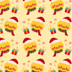 Cute seamless pattern features ducks, festive gift boxes, and star on a yellow background.