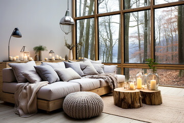Sofa with grey cushions and tree stump coffee table with candles against window with forest view. Scandinavian home interior design of modern living room in chalet. - obrazy, fototapety, plakaty