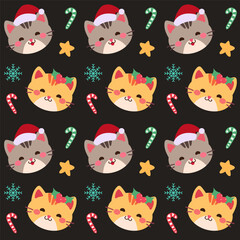 Cute seamless pattern features adorable cats, stars, and festive Christmas elements on a dark background.