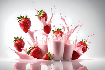 Strawberry milk or yogurt splashed isolated on a white background in three dimensions