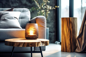 Close up of grunge glass jar with burning candle on wooden live edge accent coffee table against grey sofa. Minimalist loft home interior design of modern living room.
