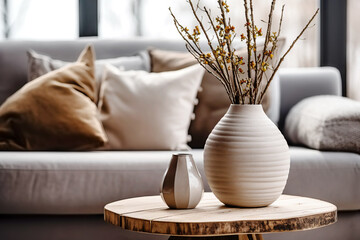 Close up of beige ceramic vase with twigs on rustic live edge accent coffee table against grey sofa with fabric pillows. Scandinavian home interior design of modern living room. - obrazy, fototapety, plakaty
