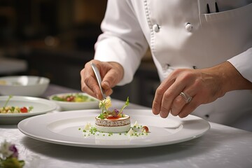 a chef is making food in front of a white plate, waiter serving food