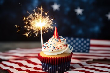 a cupcake with sparkler on an American flag background