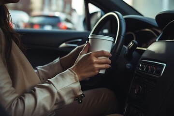 lady is holding a coffee cup in her car, a woman driving a car