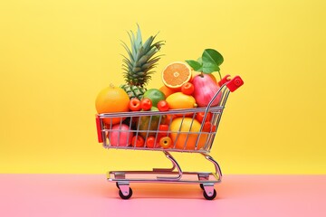 shopping cart with oranges, pineapples, strawberries, watermelons, apples, and a lot of fruit with a yellow background 