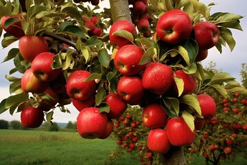 Obraz premium an apple tree filled with red apples, red apples on a tree
