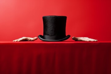 Magician with top hat creates an illusion with his hands red background Generative Ai