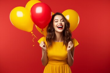 happy girl with air balloons on a yellow background. Valentine's day concept. generative ai.