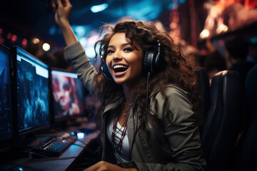 happy black girl winner esports player with headphones playing at the computer at online games...