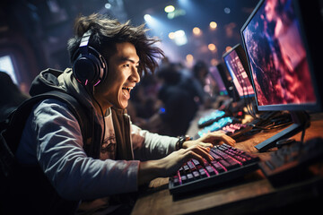 happy male teen asian esport player playing at computer at the cybersport championship - obrazy, fototapety, plakaty