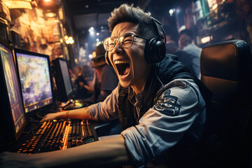 Obraz premium happy Asian male esport player laughs and is happy to win online games cybersport championship