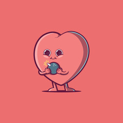 Cute Heart Character with a bomb in his hand's vector illustration. Love, obesity, medical design concept.