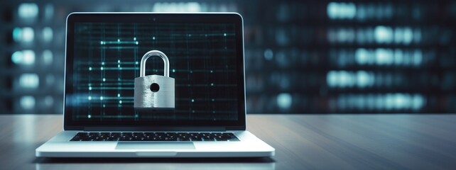 Secure computing: laptop protected by digital padlock - obrazy, fototapety, plakaty