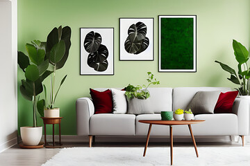 A Crimson Couch and Coffee Table Potted Plants Green Color Theme