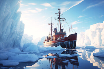 icebreaker ship sails through ice floes and icebergs in ocean in winter on an expedition to Arctic - obrazy, fototapety, plakaty
