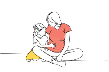  line art drawing of a pregnant woman practicing yoga. Prenatal Yoga and Restorative yoga classes. Positive psychology. Relax and practice presence of mind concept. Maternal and baby health. hijabi