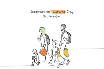 Line art poster design of World Refugees day observed on 20th of June. Migrants are fleeing In search of a home, peace, freedom and human rights. World Migrants day observed in December. Vector art.