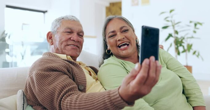 Video call, happy and senior couple on sofa with phone for chat, conversation and chatting online. Retirement, hello and mature man and woman wave for networking, connection and communication in home