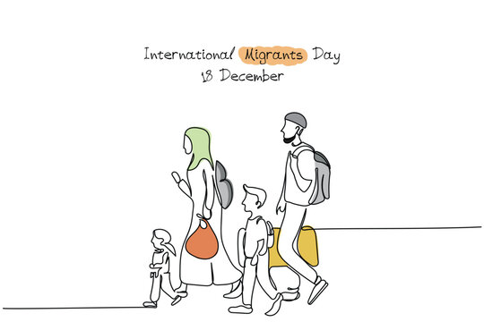 Line art poster design of World Refugees day observed on 20th of June. Migrants are fleeing In search of a home, peace, freedom and human rights. World Migrants day observed in December. Vector art.