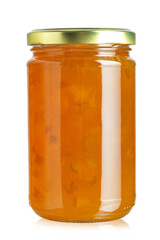 Colorful jams in glass jars isolated on white background. File contains clipping path. Full depth of field.