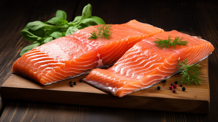 Fresh salmon with basil isolated on wooden background. Made with generative ai