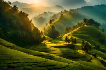 A beautiful mountain valley in Kerala, India, bathed in the morning sunlight near the famous...