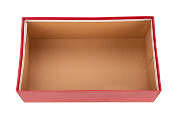 Open red cardboard box isolated on white. Shoe box.