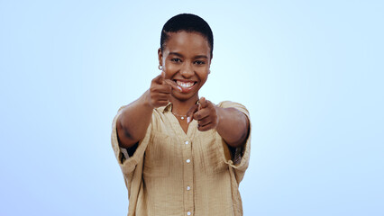 Black woman, portrait and pointing to you in studio for choice, vote for winner and decision to...