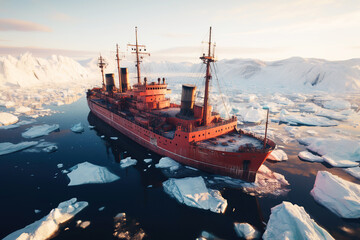 icebreaker ship sails through ice floes in ocean in winter. View from above - obrazy, fototapety, plakaty