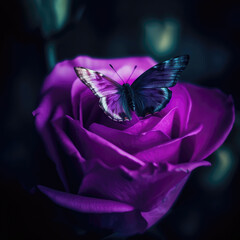 Butterfly on purple rose